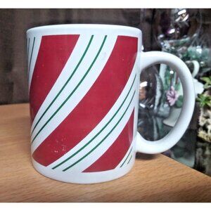 Candy Cane Stripes Coffee Cup Mug Ceramic white red green Christmas Vintage GUC